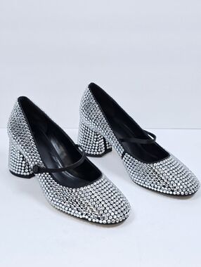 Mango Silver Rhinestone Mary Jane Block Heel Pumps Crystal Embellished Size 38